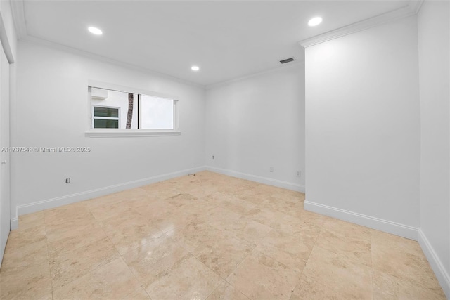 unfurnished room featuring crown molding, recessed lighting, baseboards, and visible vents