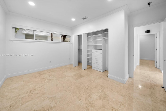 unfurnished bedroom with crown molding, recessed lighting, baseboards, and visible vents