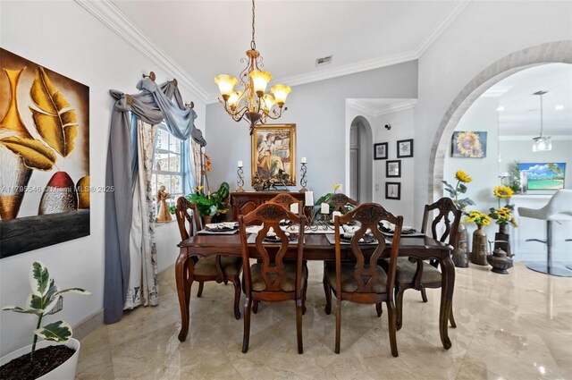 15870 NW 10th St, Pembroke Pines, FL 33028 - dining space with arched walkways, a chandelier, crown molding, light marble finish floors, and baseboards