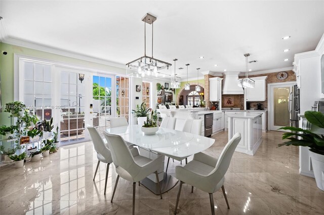 15870 NW 10th St, Pembroke Pines, FL 33028 - dining area with light marble finish flooring, french doors, ornamental molding, and recessed lighting