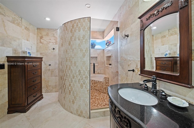15870 NW 10th St, Pembroke Pines, FL 33028 - bathroom with tile walls, a walk in shower, vanity, and recessed lighting