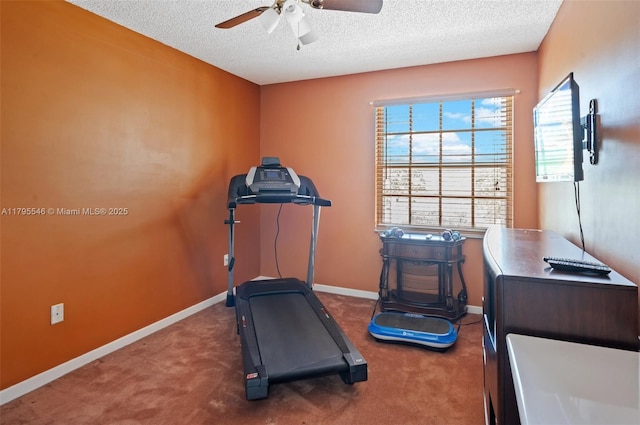 15870 NW 10th St, Pembroke Pines, FL 33028 - exercise room featuring carpet, a ceiling fan, a textured ceiling, and baseboards