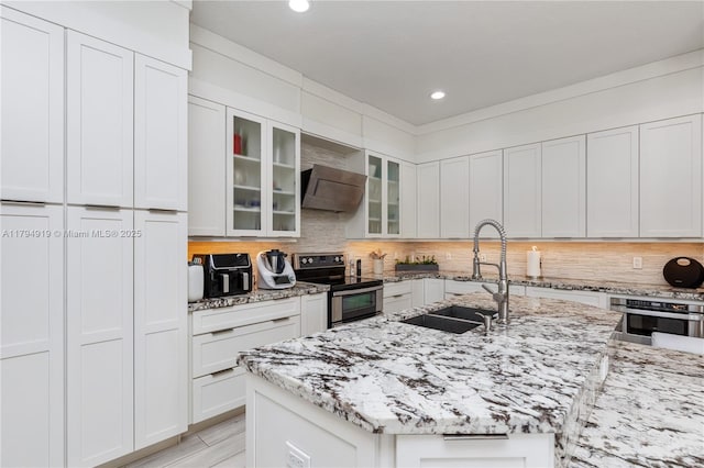kitchen featuring appliances with stainless steel finishes, a sink, recessed lighting, range hood, and tasteful backsplash