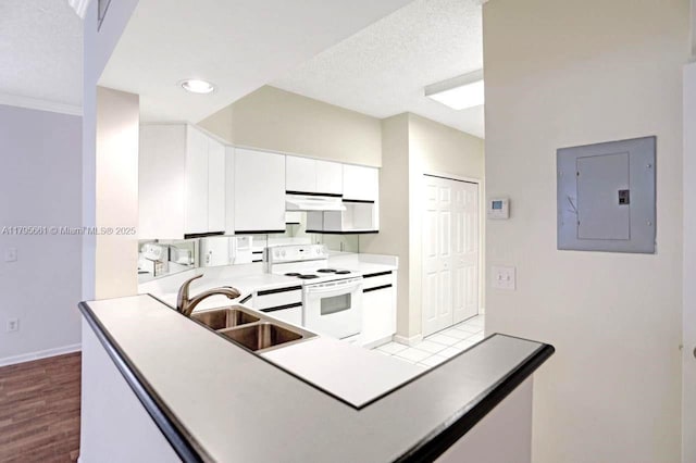 kitchen featuring electric panel, a sink, baseboards, white electric range oven, and under cabinet range hood