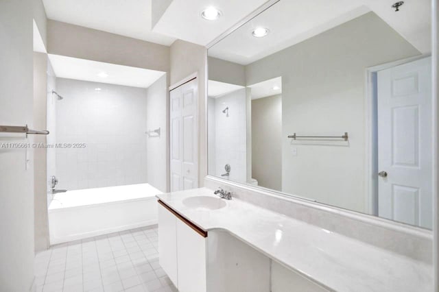 bathroom featuring vanity, tile patterned flooring, recessed lighting, and  shower combination