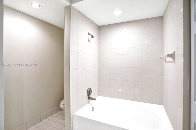 bathroom with toilet, shower / bath combination, recessed lighting, and tile patterned flooring