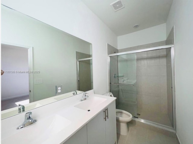 bathroom featuring a sink, tile patterned floors, a shower stall, and visible vents