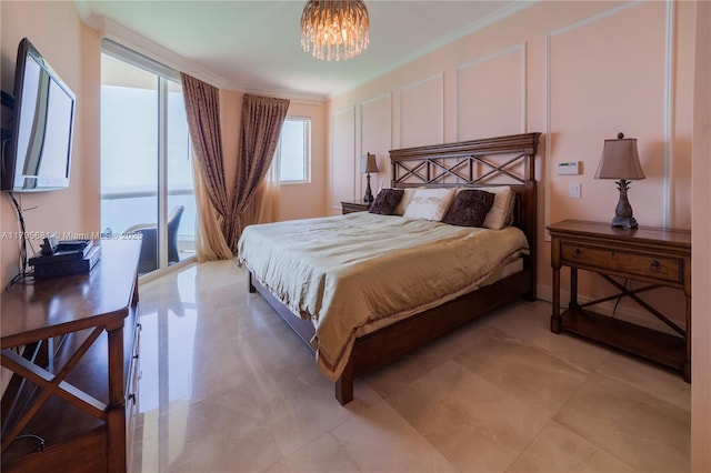 bedroom with crown molding, access to outside, a decorative wall, and a notable chandelier