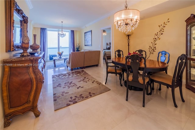 dining room featuring crown molding, light tile patterned flooring, and an inviting chandelier