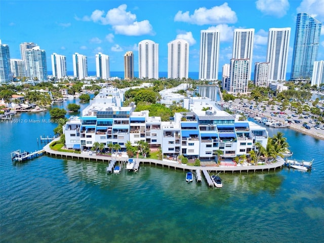 bird's eye view featuring a view of city and a water view