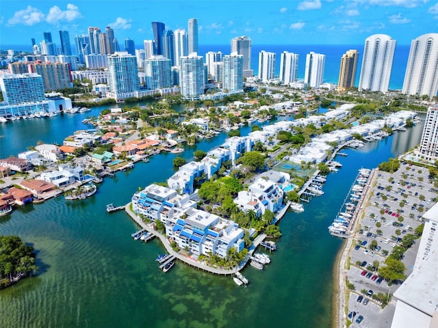 bird's eye view featuring a water view and a view of city