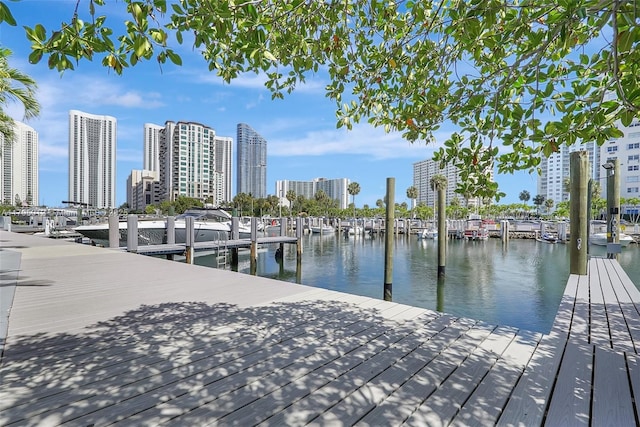 dock area featuring a city view and a water view