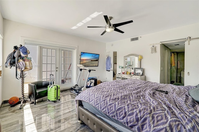 bedroom with ceiling fan, visible vents, and french doors