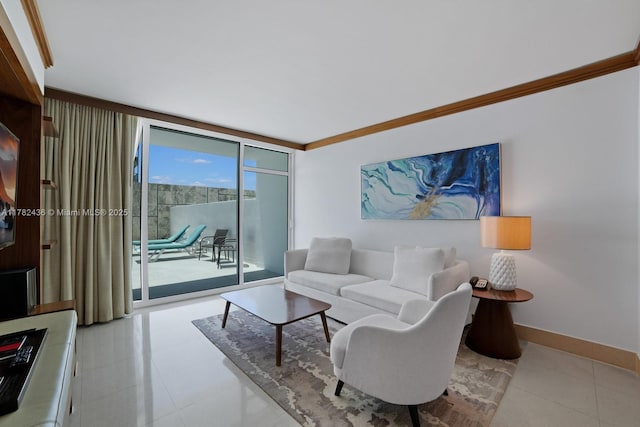 6801 Collins Ave Unit 604, Miami Beach, FL 33141 - tiled living room featuring baseboards and expansive windows