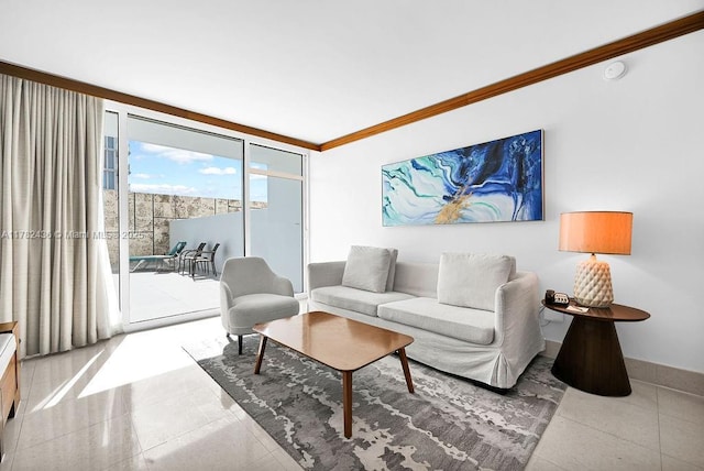 living room featuring crown molding and baseboards