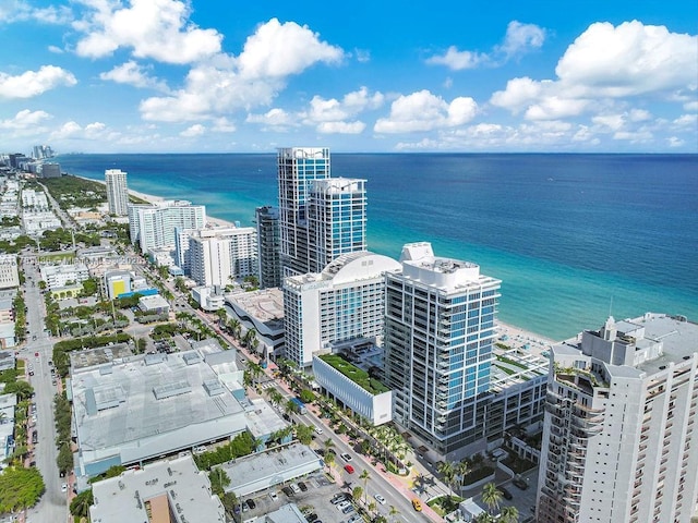 birds eye view of property featuring a water view and a city view