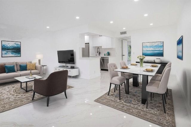dining area with visible vents, recessed lighting, and marble finish floor