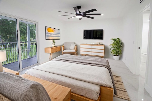 bedroom with baseboards, ceiling fan, marble finish floor, and access to exterior