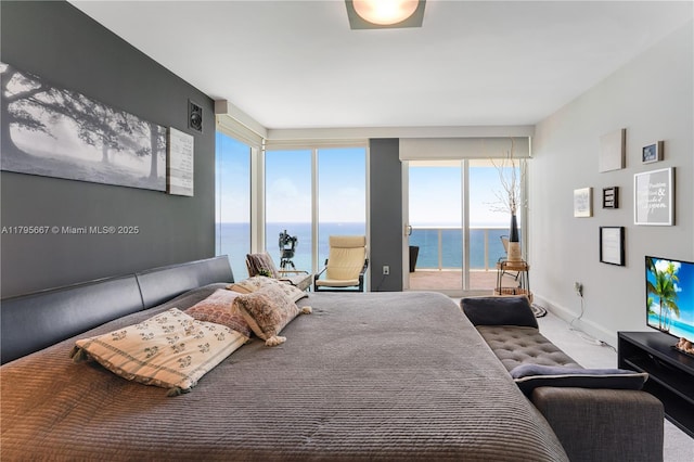 bedroom featuring baseboards, access to outside, and expansive windows
