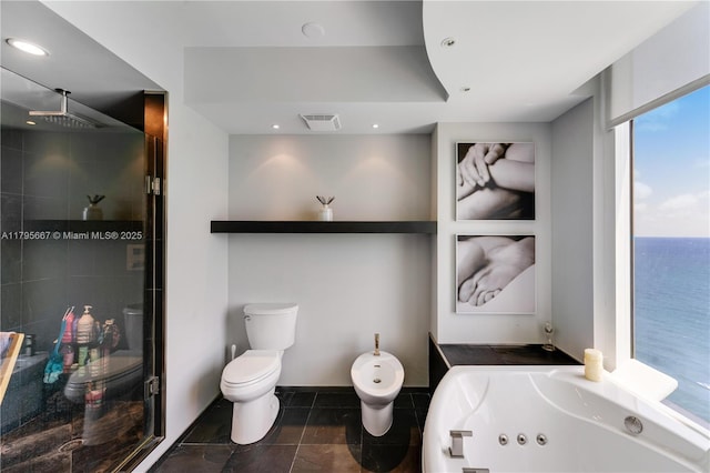 full bathroom with a jetted tub, a bidet, visible vents, a shower stall, and toilet