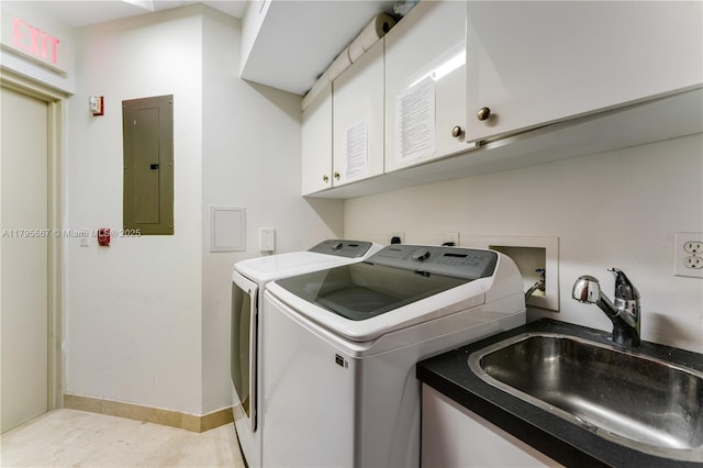 laundry area with washer and dryer, baseboards, electric panel, a sink, and cabinet space