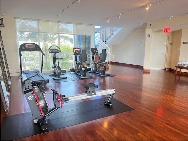 gym with track lighting, baseboards, floor to ceiling windows, and wood finished floors