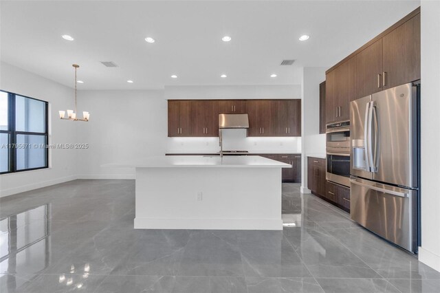 8215 Crystal Downs Ave, Boca Raton, FL 33434 - kitchen featuring appliances with stainless steel finishes, light countertops, recessed lighting, a chandelier, and a center island with sink