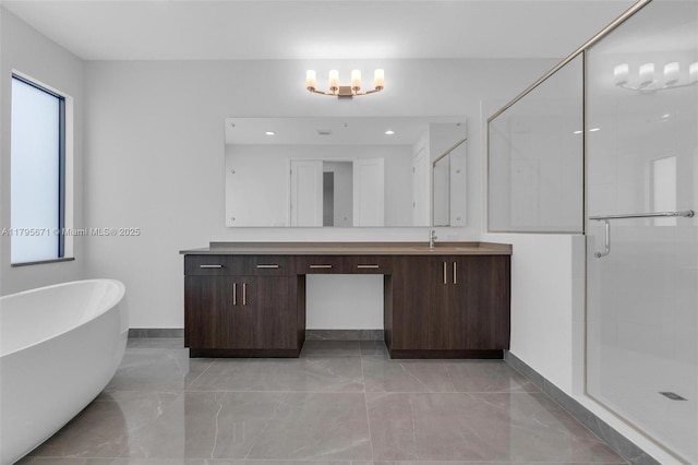 8215 Crystal Downs Ave, Boca Raton, FL 33434 - bathroom with vanity, baseboards, a shower stall, a freestanding tub, and marble finish flooring