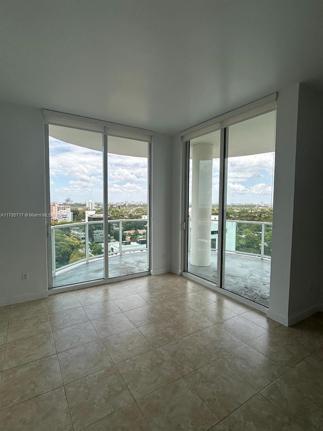 empty room featuring a wall of windows, baseboards, and plenty of natural light