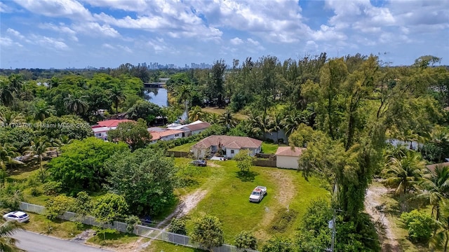 drone / aerial view featuring a water view