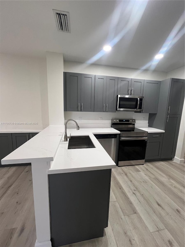 kitchen with visible vents, a sink, a peninsula, stainless steel appliances, and light wood-style flooring