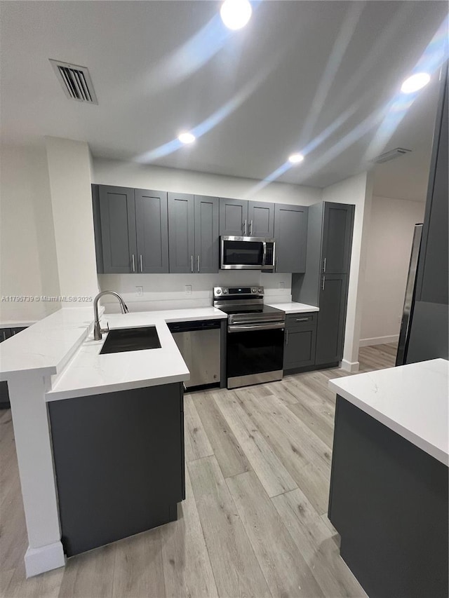 kitchen with visible vents, a peninsula, light countertops, a sink, and stainless steel appliances