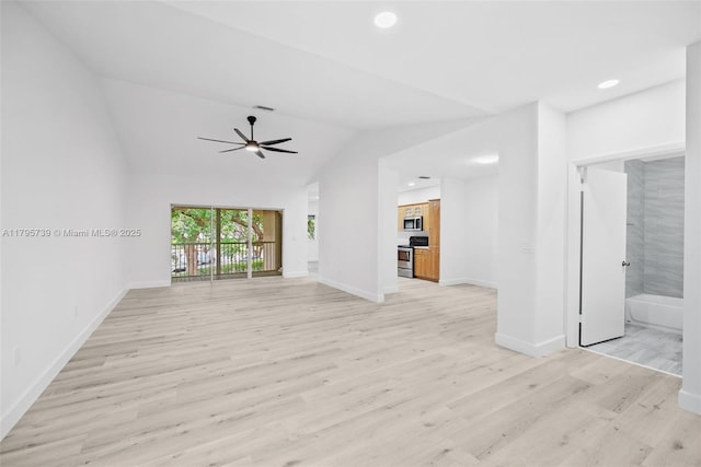 unfurnished living room featuring recessed lighting, ceiling fan, baseboards, and light wood-style floors