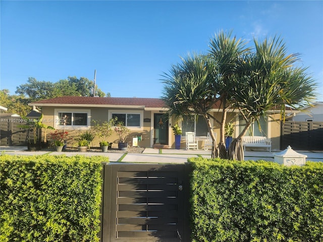 ranch-style house with a fenced front yard and stucco siding
