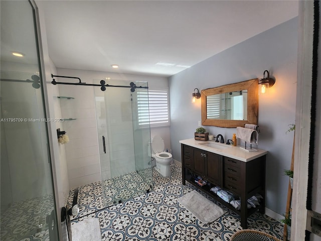 bathroom featuring vanity, toilet, baseboards, recessed lighting, and a stall shower