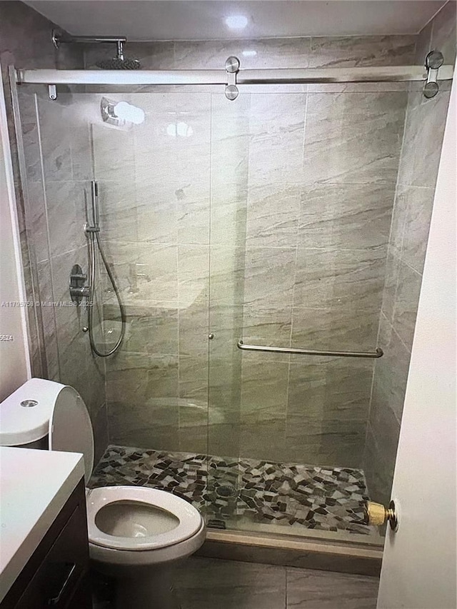 full bathroom featuring vanity, toilet, and a stall shower