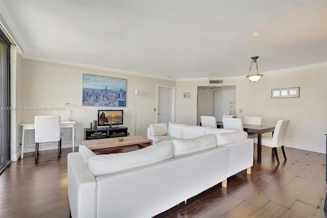 3300 NE 191st St Unit 07, Aventura, FL 33180 - living room featuring ornamental molding, dark wood-style flooring, and baseboards