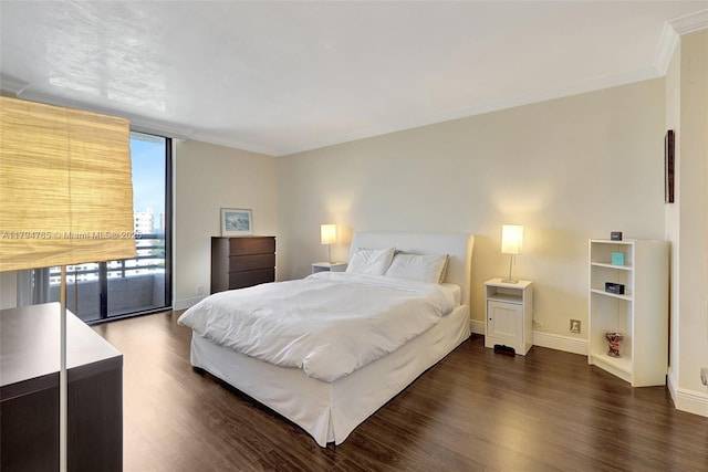 3300 NE 191st St Unit 07, Aventura, FL 33180 - bedroom featuring dark wood-type flooring, access to exterior, baseboards, crown molding, and floor to ceiling windows