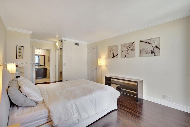 3300 NE 191st St Unit 07, Aventura, FL 33180 - bedroom with wood finished floors, crown molding, baseboards, connected bathroom, and a closet