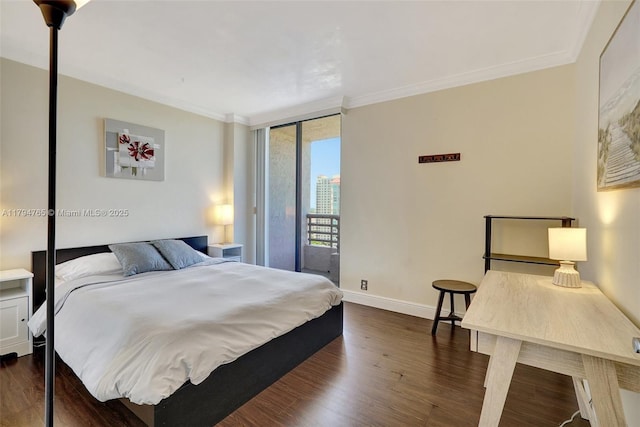 3300 NE 191st St Unit 07, Aventura, FL 33180 - bedroom featuring access to exterior, dark wood-style floors, crown molding, and baseboards
