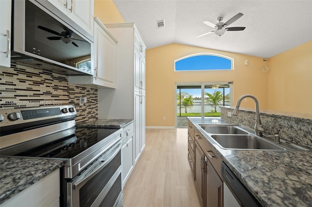 kitchen featuring visible vents, a sink, lofted ceiling, a ceiling fan, and appliances with stainless steel finishes