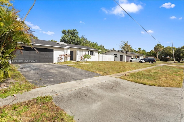 single story home featuring a front lawn, aphalt driveway, fence, stucco siding, and an attached garage