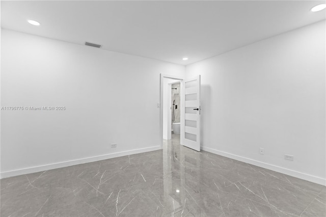 unfurnished bedroom featuring baseboards, marble finish floor, recessed lighting, and visible vents
