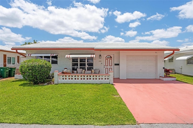 5803 NW 84th Ave, Tamarac, FL 33321 - ranch-style home featuring a porch, driveway, a front yard, brick siding, and an attached garage