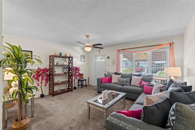 5803 NW 84th Ave, Tamarac, FL 33321 - carpeted living room with a ceiling fan and a textured ceiling