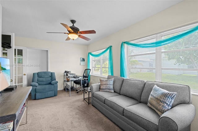 5803 NW 84th Ave, Tamarac, FL 33321 - carpeted living room with french doors, a ceiling fan, and baseboards