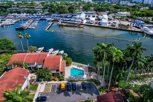 1901 NW S River Dr Unit 14-B, Miami, FL 33125 - bird's eye view of numerous boat docks, a nearby body of water, and a pool