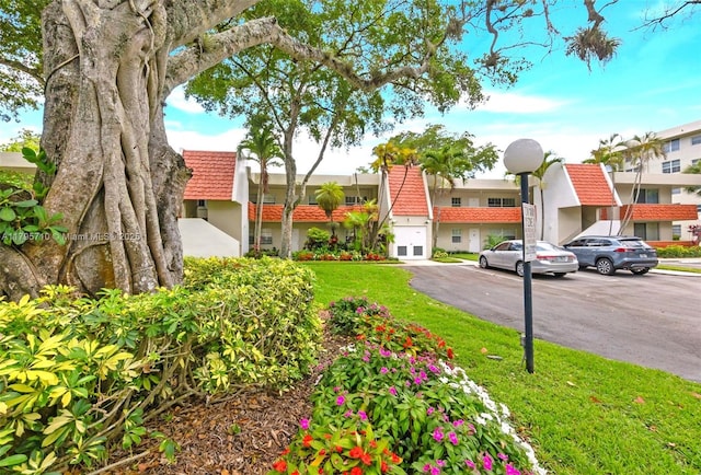 view of yard featuring a garage