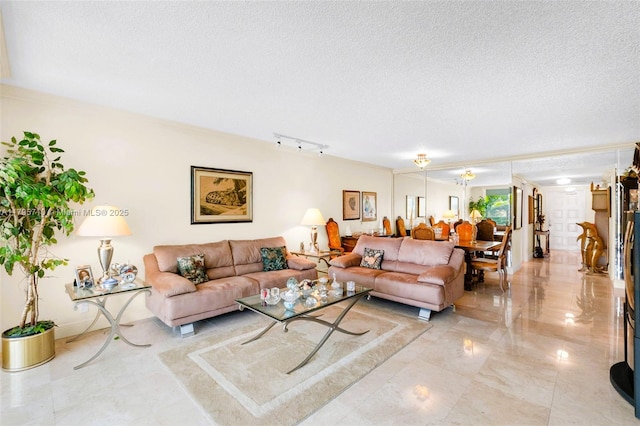 living area with track lighting and a textured ceiling