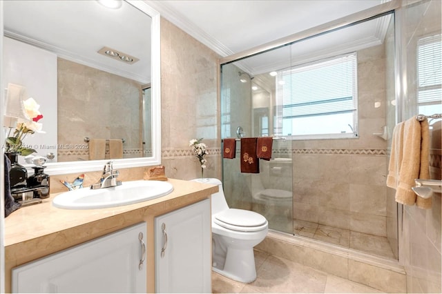 full bath with crown molding, tile patterned floors, toilet, and a shower stall